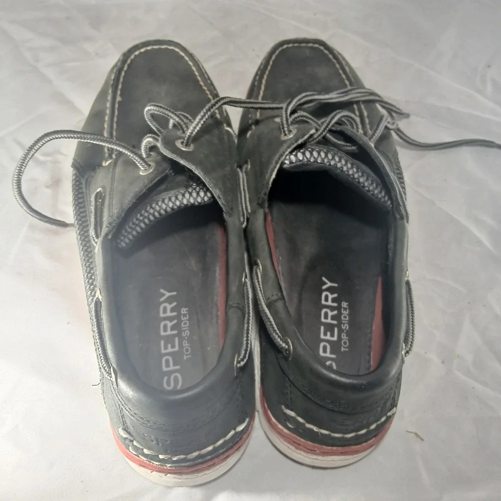 Sperry Top-Sider Mens Boat Shoes Leather‎ Black Gray Mesh Red Trim Size 9.5M